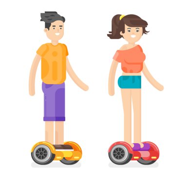 Vektör genç adam ve at binme kadın düz stil çizimi bir pilli elektrikli araç