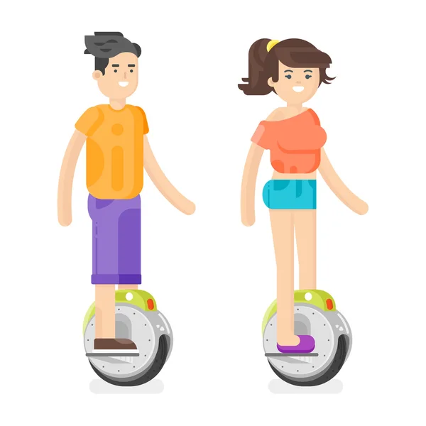 Illustration vectorielle de style plat de jeune homme et femme chevauchant un scooter monocycle électrique alimenté par batterie . — Image vectorielle