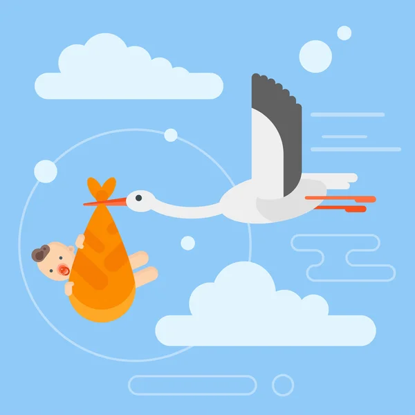 Illustrazione in stile piatto vettoriale di cicogna che si prende cura di un neonato nel cielo . — Vettoriale Stock