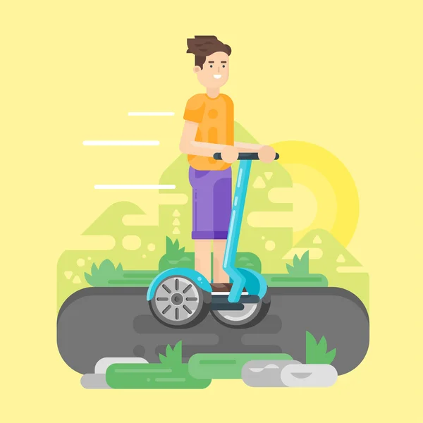 Ilustração em estilo plano vetorial de um jovem montando um veículo de duas rodas . — Vetor de Stock