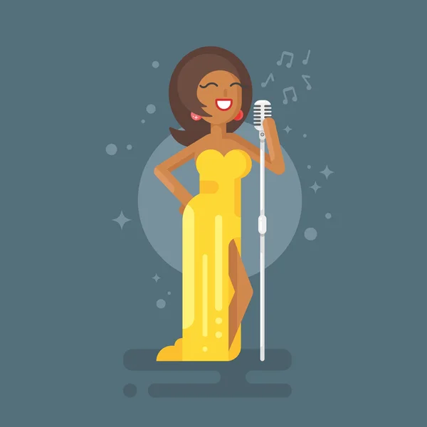 Vector flat style illustration of Afro American woman star celebrity jazz singer — Stock Vector