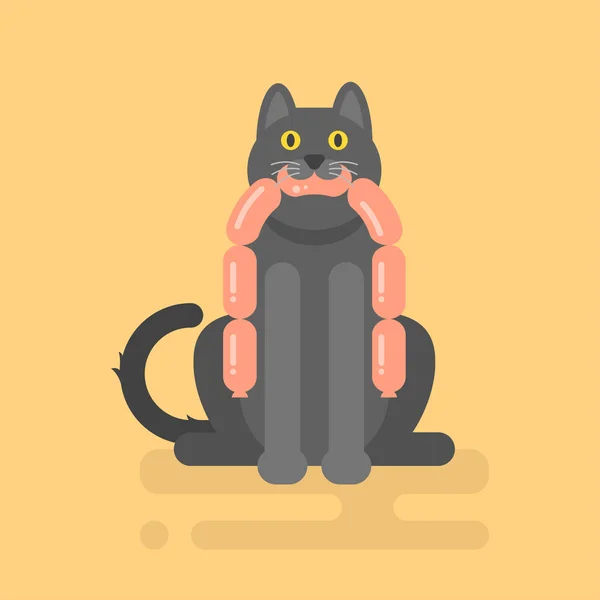 Векторна плоска ілюстрація кота, що тримає ковбасу — стоковий вектор