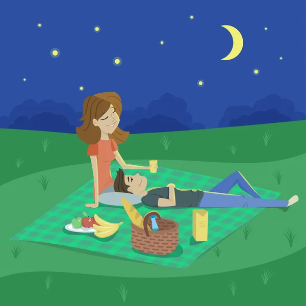 Ilustrasi gaya kartun vektor pasangan muda yang bahagia sedang piknik di taman pada malam hari . - Stok Vektor