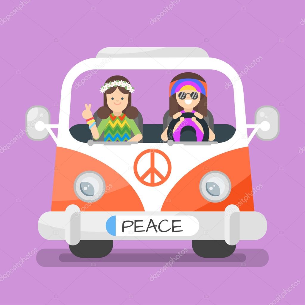 Vector illustration of two happy hippie man and woman