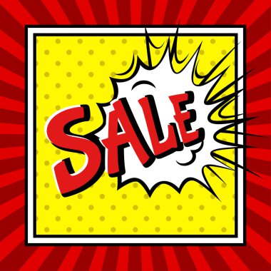 Satılık pop sanat patlama noktalı arka plan üzerinde.