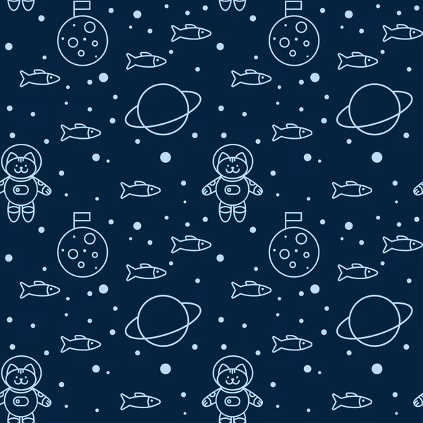 Patroon met kat in de ruimte, de maan en Saturnus — Stockvector
