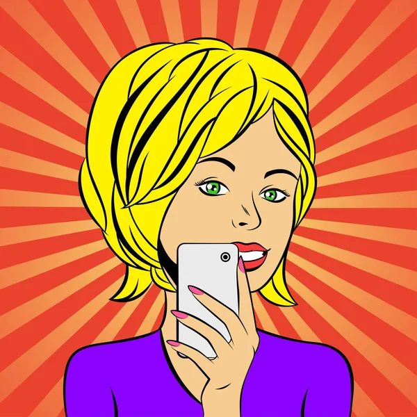 Popart komische illustratie van jonge vrouw maken selfie — Stockvector