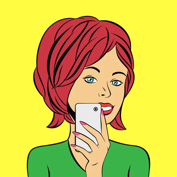 Popart komische illustratie van jonge vrouw maken selfie — Stockvector