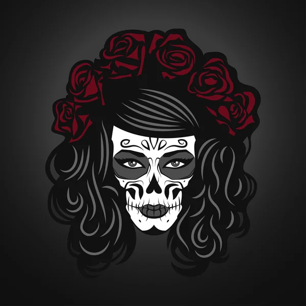 Day of The Dead Woman Illustration with Sugar Skull Face — Stock Vector