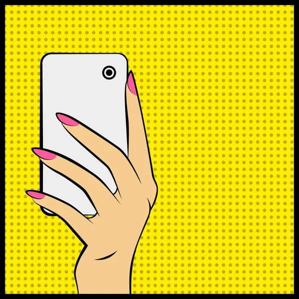 Arte pop Vector ilustración de la mano con un teléfono — Vector de stock