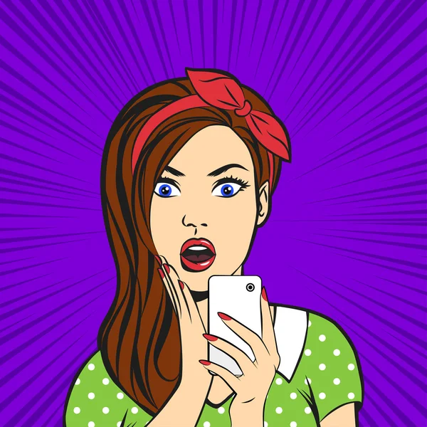 Vector pop arte sorprendido mujer cara con boca abierta — Vector de stock