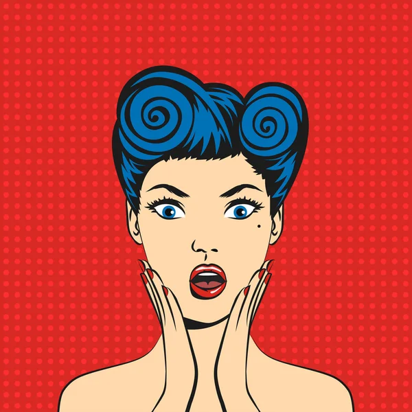 Pop art surpris femme visage avec bouche ouverte — Image vectorielle