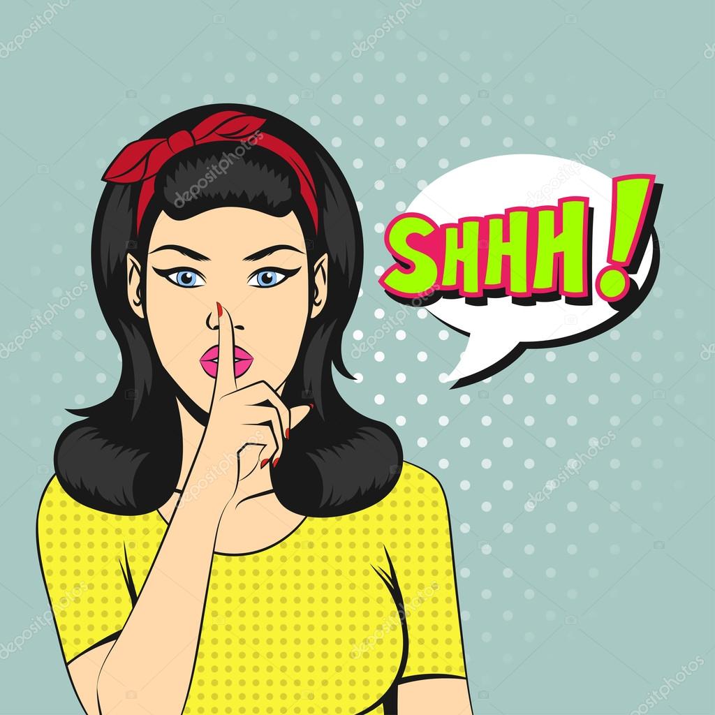 Pop art woman face with SHHH bubble Stock Vector Image by ©tkronalter9