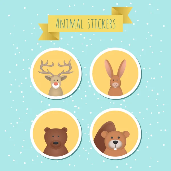 Pegatinas animales de dibujos animados lindo de ciervos, conejo, oso y castor — Vector de stock