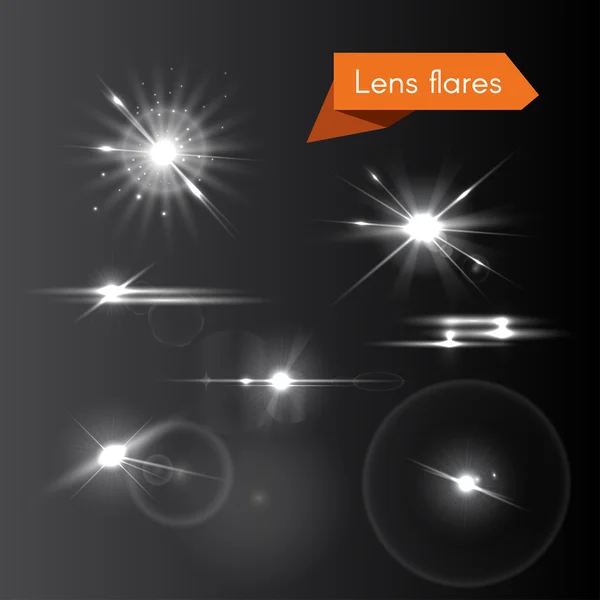 Set of lens flares and glowing white flash elements — Stock Vector