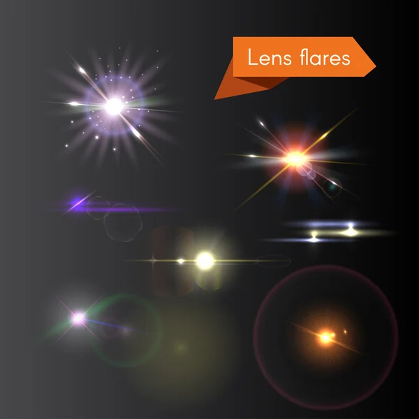 Set of lens flares and glowing colorful flash elements — Stock Vector