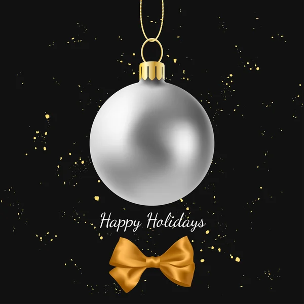 Greeting card with silver Christmas ball and golden bow — Stock Vector