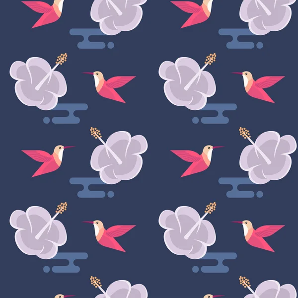 Seamless pattern with flowers and hummingbirds — Stock Vector