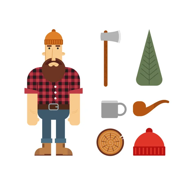 Vector Lumberjack cartoon character with lumberjack icons. — Stock Vector