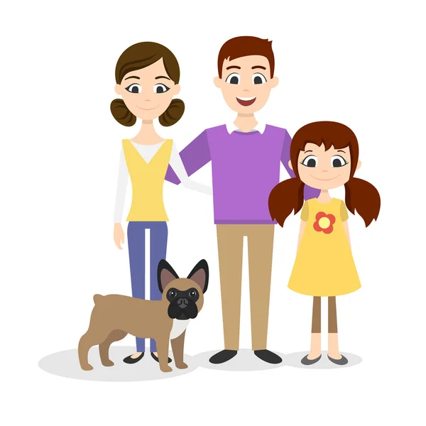 Retrato familiar. Mamá, papá, hija y un bulldog francés — Vector de stock