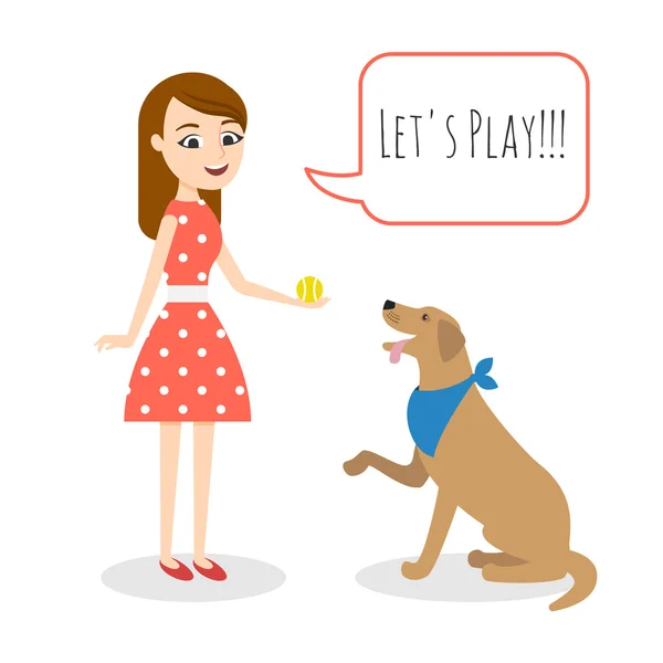 Ilustración de una joven jugando con un perro — Vector de stock