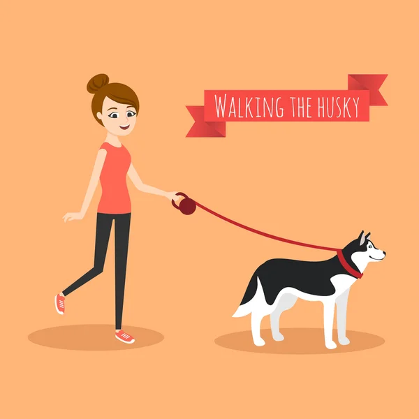 Ilustrasi gadis muda berjalan dengan anjingnya. . - Stok Vektor