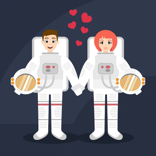 Ilustrasi dari pasangan astronot jatuh cinta berpegangan tangan . - Stok Vektor