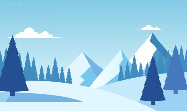 Karlı dağların, çam ağaçlarının ve açık mavi gökyüzünün olduğu düz bir kışın çizimi. Mevsimlik afişler, tebrik kartları veya herhangi bir kış temalı proje için mükemmel..