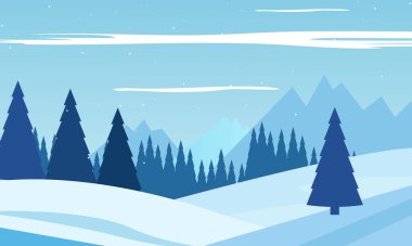 Karlı dağların, çam ağaçlarının ve açık mavi gökyüzünün olduğu düz bir kışın çizimi. Mevsimlik afişler, tebrik kartları veya herhangi bir kış temalı proje için mükemmel..