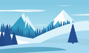 Karlı dağların, çam ağaçlarının ve açık mavi gökyüzünün olduğu düz bir kışın çizimi. Mevsimlik afişler, tebrik kartları veya herhangi bir kış temalı proje için mükemmel..