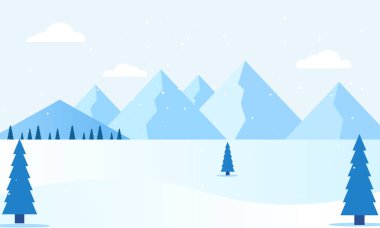 Karlı kış dağları, yükselen tepeler, üsteki yoğun çam ormanları ve hafif kar yağışı manzarası..