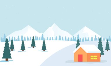 Karlı kış dağları, yükselen tepeler, üsteki yoğun çam ormanları ve hafif kar yağışı manzarası..