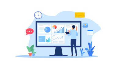 İş raporları, sunumlar, web tasarımları ve uygulamalar için grafik grafiklerle veri analizi gösterge panelini açıklayan bir erkek işadamının düz çizimi.
