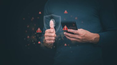 Güvenlik için ağ teknolojisiyle parmak izi verilerinin korunması ve şifreleilmesi. Suçlara, hackerlara ve günlük online saldırılara, teknolojiye ve veri güvenliğine karşı korumak için. kimlik denetimi