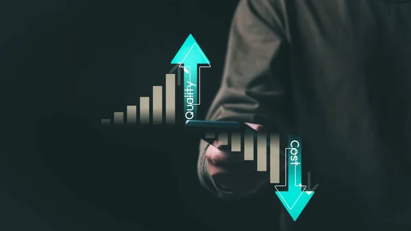 Yönetim verimliliği için kalite kontrol ve maliyet yönetimi. İnsan stratejik planlama arayüzü ve iş verimliliğinin nasıl artırılacağı ve karar verme süresince bilgi göstermektedir..