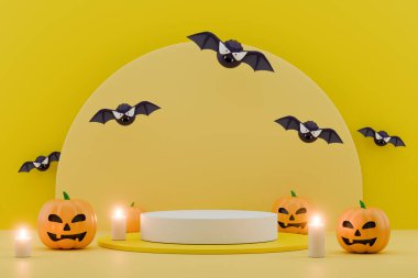 Yaratıcı tatil reklamları için neşeli sarı 3D podyum.