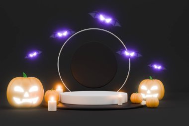 Lüks ürün sergisi için ürkütücü simgeleri olan zarif koyu renkli 3D stüdyo..