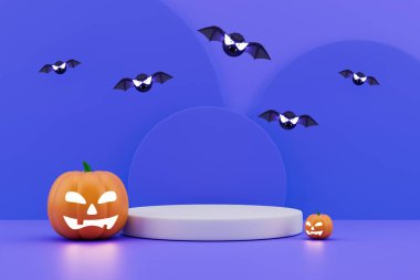 Geleneksel cadılar bayramı süslemeleriyle serin mavi 3D podyum.