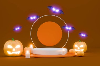 Parlayan neon yüzüklü ve balkabaklı klasik turuncu 3D sahne.