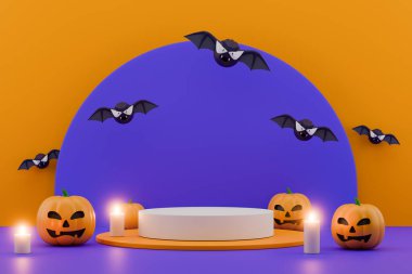 Ürünler için mavi duvarı ve turuncu zemini olan canlı 3D podyum.