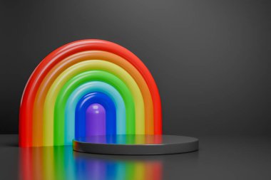 Ürünler için stilize gökkuşağı kemeri içeren minimalist siyah platform.