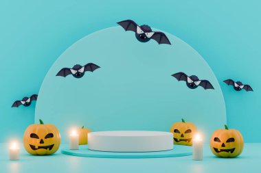 Ürkütücü sonbahar dekorları olan minimalist ürün podyumu.