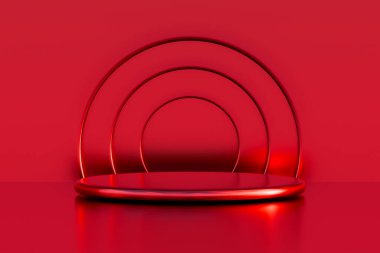 Lüks gösteriler için katmanlı kemerleri olan zarif kırmızı bir sahne..