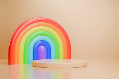 Beyaz ekran podyumu üzerinde kırmızı arkaplan karşısında gururlu gökkuşağı kemeri.