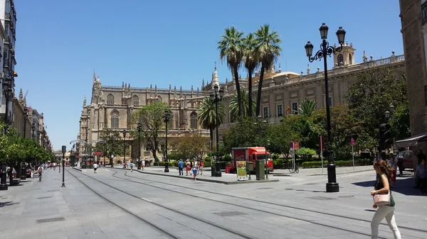 Sevilla, Spanien. St. Maria-katedralen i Sevilla. Människor på gatan, palmer och träd — Stockfoto