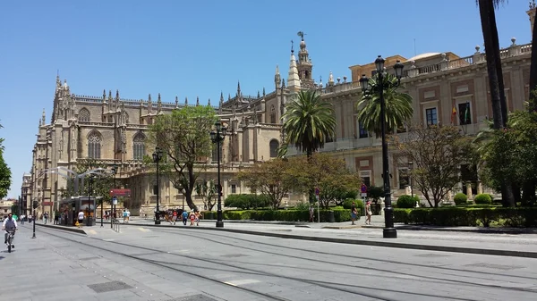 Sevilla, España. Catedral de Santa María de Sevilla. Gente en la calle, palmeras y árboles — Foto de Stock