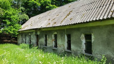 Eski terk edilmiş uzun bir ev, kötü durumda. Pencerelerde parmaklıklar ve kırık camlar var. Ağacın etrafında ve çimlerin üzerinde karahindibalar.