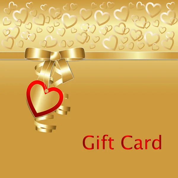 Tarjeta de regalo en oro con lazo de cinta e insignia de corazón — Vector de stock