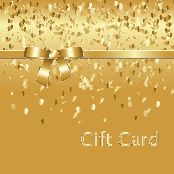 Золота подарункова картка з елементами серця та золотою стрічкою — стоковий вектор