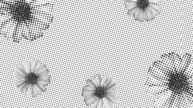 Siyah beyaz pikselde dans eden narin çiçek desenlerinin arka planı